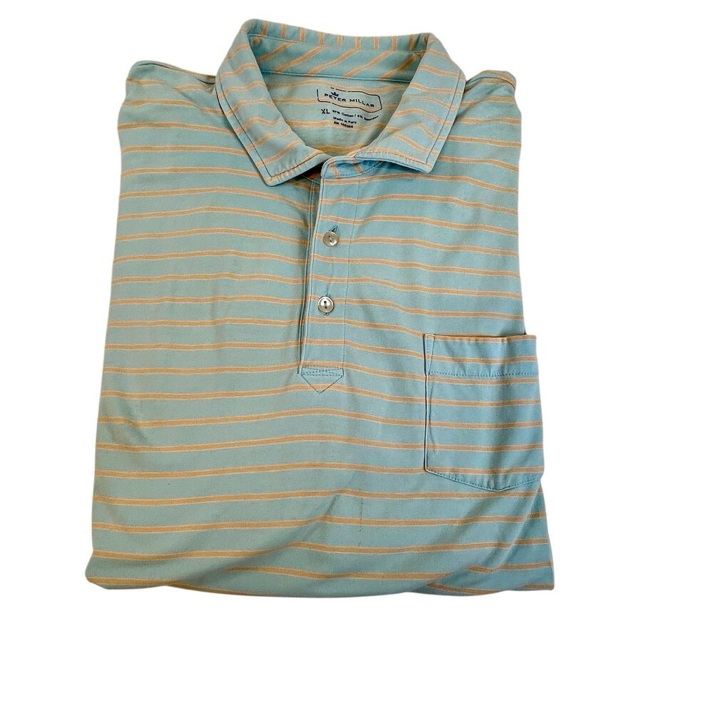 Peter Millar Polo Shirt Men XL Blue Stripe Seaside Wash Short Sleeve Golf Preppy
